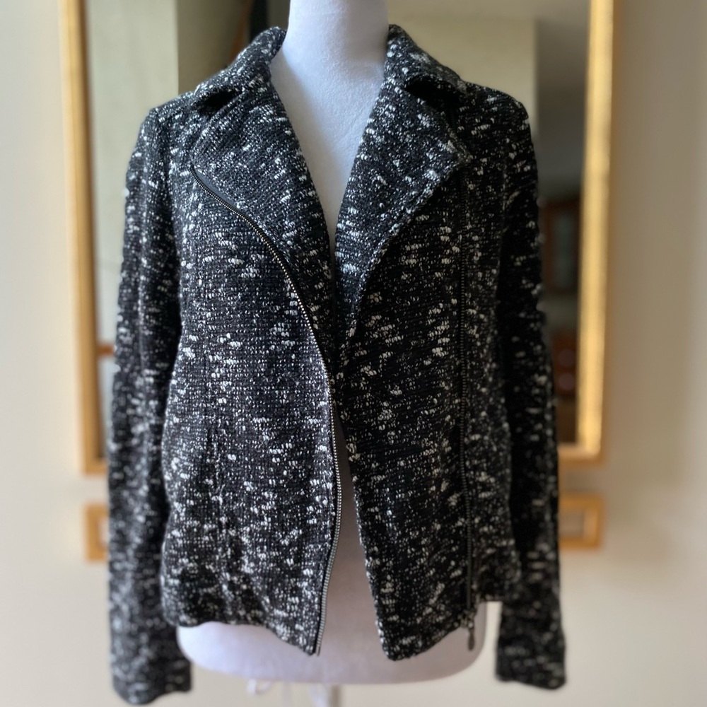 Banana Republic Black & White Speckled Knitted Moto Jacket Sz 2 Womens EUC